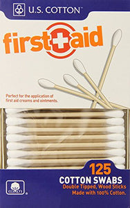 U.S. Cotton First Aid or Baby 100% Cotton Swabs, Wood Stick, 125 Count Boxes (Pack of 6 Boxes)