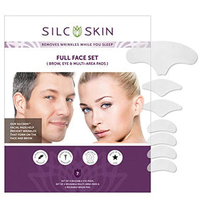 SilcSkin Full Face Set, Helps with Face & Brow Wrinkles from Sun Aging Side Sleeping, Reusable Self Adhesive Medical Grade Silicone, 1 Brow Pad, 4 Eye Pads, 2 Multi-Area Pads