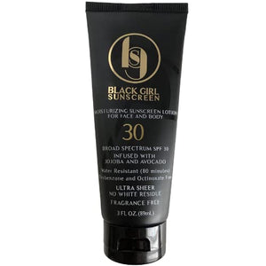 BGS Black Girl Sunscreen SPF 30. Ultra Sheer Moisturizing Sunscreen Lotion. With avocado, cacao, jojoba, carrot juice and sun flower oil. Oxybenzone, Paraben and Fragrance Free. 3 Fl Oz. (1 Pack)