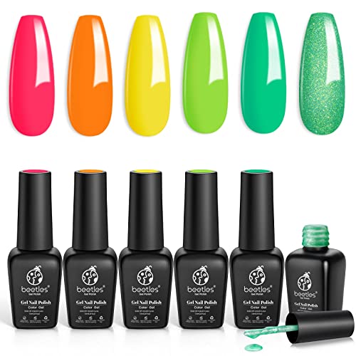 Beetles Gel Nail Polish Kit- 6 Colors Joyful Future Collection Neon Green Hot Pink Coral Glitter Trendy Summer Nail Art Soak Off Nail Color Gel DIY Manicure Home Gift for Women Girl