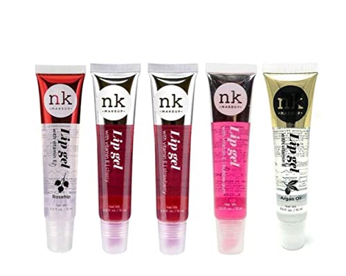 NICKA K NEW YORK 5 PACK NK Lip Gel with Vitamin E Bubble Gum, Argan, Strawberry, Cherry and Rosehip Lip Gloss