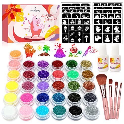 Temporary Glitter Tattoo Kids, Eleanore's Diary 31 Glitter Colors,165 Unique Stencils,2 Glue,4 Brushes,Adults & Kids Arts Glitter Make Up Kit, Gifts for Girls Boys Birthday Party Halloween Festival