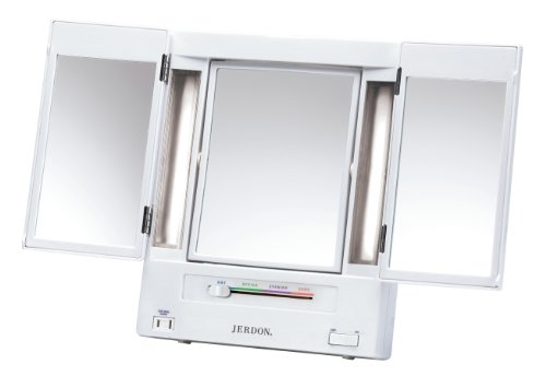 JERDON Tri-Fold Two-Sided Makeup Mirror with Lights - Vanity Mirror with 5X Magnification & Multiple Light Settings - White Base - Model JGL9W
