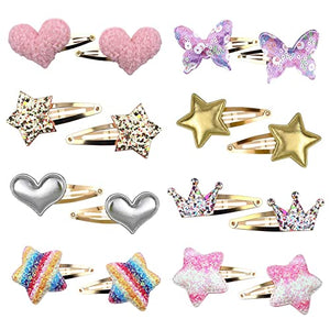 Gingbiss Hair Clips, Star/Crown/Heart/Butterfly Shaped Hair Barrettes, Cute Metal Snap Hair Pins Sparkly Hair Styling Accessories for Girls Kids, 8 Pairs/16 Pack