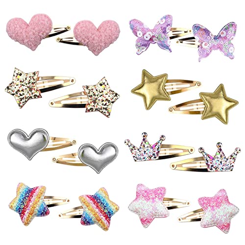 Gingbiss Hair Clips, Star/Crown/Heart/Butterfly Shaped Hair Barrettes, Cute Metal Snap Hair Pins Sparkly Hair Styling Accessories for Girls Kids, 8 Pairs/16 Pack