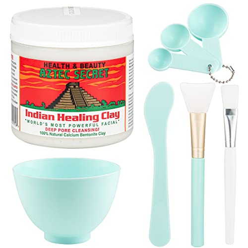 Aztec Secret 1lb, Original Indian Healing Clay with a Face Mask Mixing Bowl Set, Includes Bentonite Clay Powder, Spatula, Brush, Measuring Spoons, and More