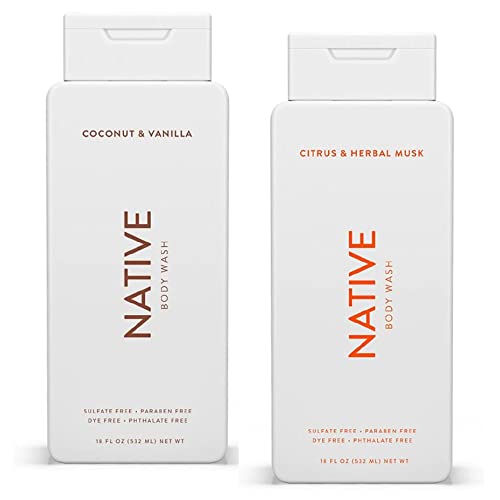 Native Body Wash Twin Pack - 1 Coconut and Vanilla & 1 Citrus and Herbal Musk - 18 oz (532ml) Each