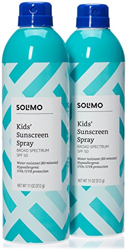 Amazon Brand - Solimo Kids' SPF 50 Hypoallergenic Continuous Sunscreen Spray Broad Spectrum, 11 Ounce (Pack of 2), Water Resistant 80 Minutes