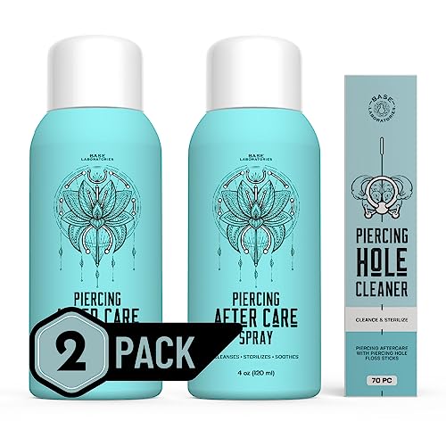 Base Labs Piercing Aftercare Spray Kit | 8oz | Piercing Aftercare Keloid Bump Removal Spray + Ear Hole Cleaner Earring Cleaner Floss | Sanitizing Nose & Ear Piercing Cleaner - Piercing Bump Spray