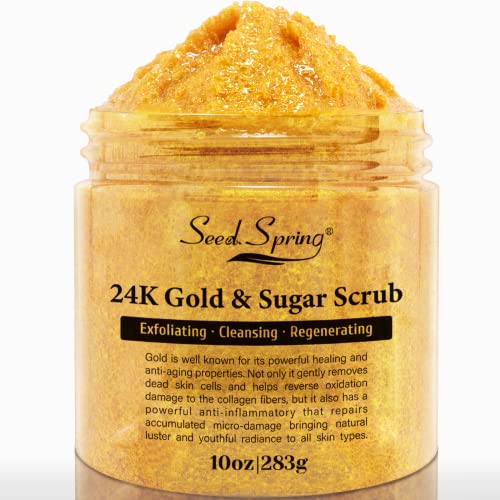 Seed Spring 24K Gold & Sugar Body Scrub - Exfoliating Body Scrub - Moisturizing & Deep Cleansing - Remove Dead Skins - Anti Aging Hydrating Body Scrub for Women Men - 10 oz