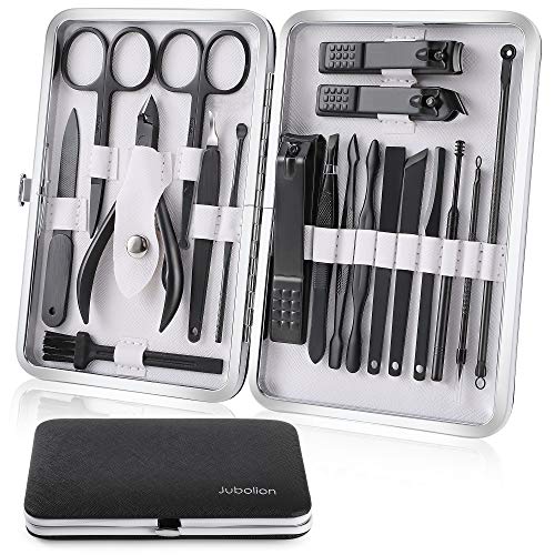 Manicure Set, Jubolion 19pcs Stainless Steel Professional Nail Clippers Pedicure Set with Black Leather Storage Case, Portable Grooming Kit for Travel or Home, Perfect Gifts for Women and Men (Black)