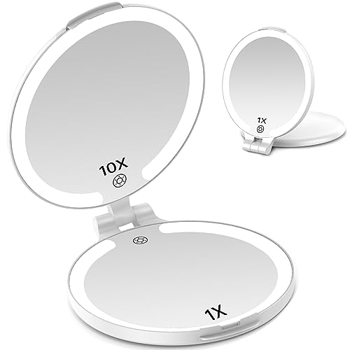 FUNTOUCH 7'' Travel Makeup Mirror with Light 10X Magnifying, Portable Double Side Vanity Mirror with Rechargeable for Travel Essential, Gift for Woman
