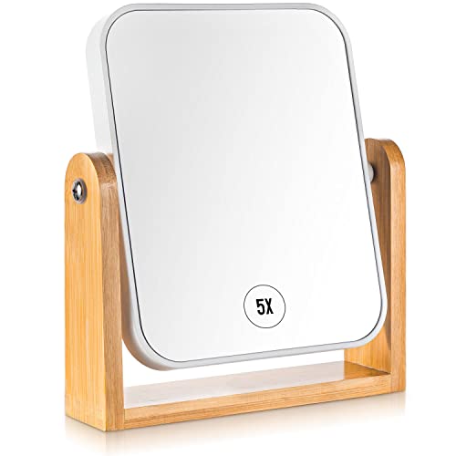 Magnifying Makeup Mirror Bamboo, 1X 5X Double Sided Mirror with Magnification, 360 Degree Rotation Table Mirror