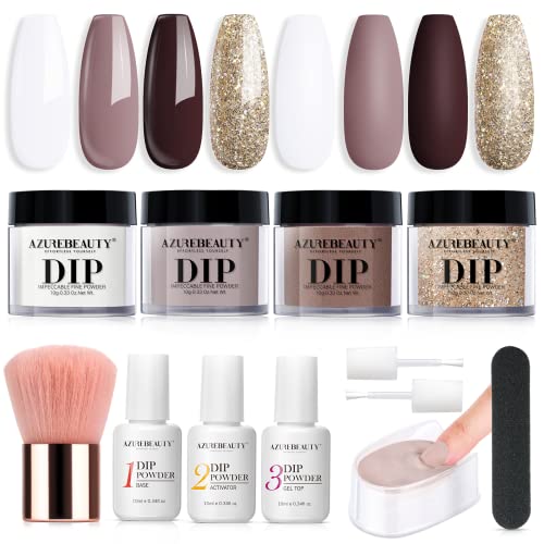 AZUREBEAUTY Dip Powder Nail Starter Kit White Mauve Glitter Champagne, Dipping Powder 4 Colors All Seasons Portable Set, French Nail Art Base&Top Coat Activator Essential Liquid Manicure DIY Salon 12 PCS