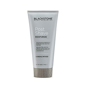 Blackstone Men's Grooming Post Shave Moisturizer with Tea Tree Oil, Shea Butter, Vitamin E, & Aloe | Soothing Cooling Balm | Cruelty & Paraben Free | Made in USA | Sandalwood (6 oz)