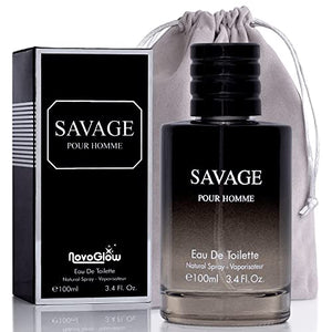 Savage for Men 3.4 Oz Men's Eau De Toilette Spray Refreshing & Warm Masculine Scent for Daily Use Men's Casual Cologne Includes NovoGlow Carrying Pouch Smell Fresh All Day A Gift for Any Occasion