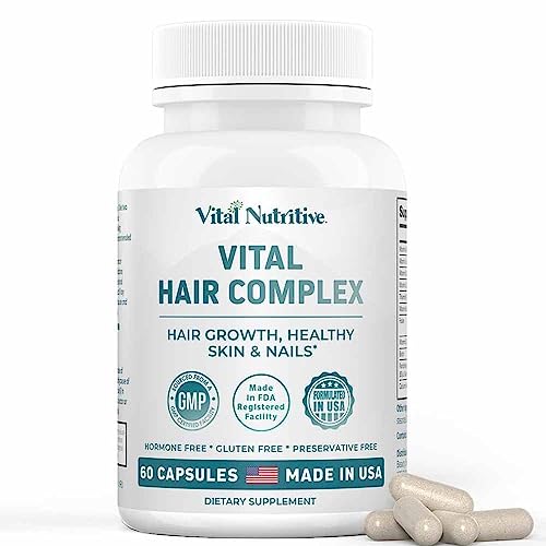 VITAL NUTRITIVE Vital Hair Complex - Hair Growth Vitamins for Men and Women - Biotin & Vitamin B - Promotes Brow & Lash Hair and Healthy Skin & Nails - Hormone & Gluten Free - 60 Capsules
