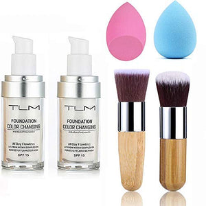 2pcs TLM Color Changing Foundation Liquid with 2 Brushes and 2 Cosmetics Sponge Flawless Full Coverage Natural Color Face Primer Base Makeup 30ml