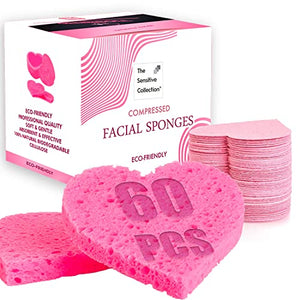 60-Count Compressed Facial Sponges | Cellulose Facial Sponges | 100% Natural Cosmetic Spa Sponges for Facial Cleansing | Exfoliating Mask | Makeup Removal | Heart Shape Compressed Facial Sponges | Reusable | Exfoliating Mask