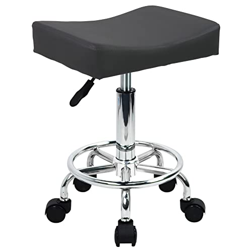 WKWKER Square Rolling Stool with Footrest PU Leather Height Adjustable 360° Swivel Stool with Wheels Massage SPA Salon Stools Task Chair Desk Drafting Bedroom Vanity Stool (Grey)
