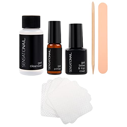 SensatioNail Gel Nail Polish Essentials Kit – Includes Nail Primer (3.54mL), Gel Base/Topcoat (7.39mL), and Nail Gel Cleanser (27.7mL) – DIY Manicure Kit for up to 2 Weeks of Wear