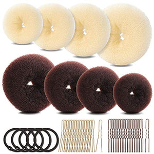 Hair Bun Maker Set, FANDAMEI Donut Bun Maker Set With 4pcs Dark Brown &4pcs Beige(2 extra-large,2 large,2 medium and 2 small), 5 pieces Hair Elastic Bands, 40 pieces Hair Bobby Pins (Brown and Gold)