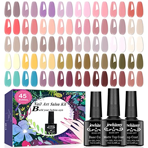 JEWHITENY 45pcs Neutral Gel Nail Polish Set, 40 Nude Colours Soak Off Gel Nail Kit With 2pcs Base coat 2pcs Glossy Top Coat Base Coat Glitter Nail Art Starter Kit Beauty Gifts for Women Girls