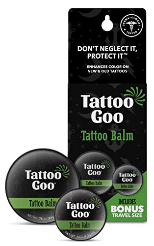 Tattoo Goo Tattoo Balm and Travel Size Balm Bundle, 3/4 oz & .33 oz Tin - Natural Tattoo Aftercare Balm with Beeswax and Cocoa Butter, Soothing Ointment, 2 Pack