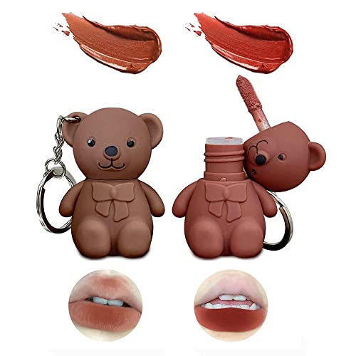 HYOIIO 2 in 1 Key Chain Bear Lipstick Mist Matte Velvet Lipgloss Moisturizing Lip Stain Waterproof Long Lasting Bear Lip Gloss with Keychain Cute Bear Beauty Makeup