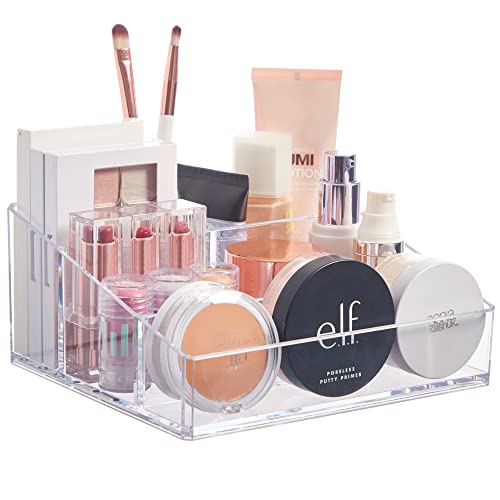 STORi Clear Plastic Vanity Makeup Organizer | Compact Rectangular 4-Compartment Holder for Brushes, Eyeshadow Palettes, & Beauty Supplies | Made in USA