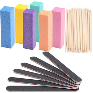 100 Pcs Orange Sticks for Nails Double Sided Multi Functional Wooden Cuticle Pusher Stick, 6 Pcs 100/180 Grit Nail Files and 6 Pcs Buffer Block