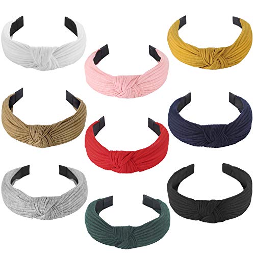 Funtopia Knotted Headbands for Women Girls, 9 Pcs Wide Plain Turban Headband Fashion Cross Knot Hair Bands with Solid Colors