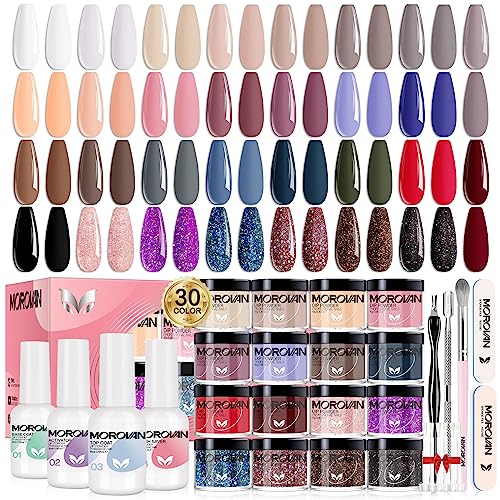 Morovan Dip Nails Powder Starter Kit: 42Pcs Dip Powder Nail Kit with 30 Colors Dipping Powder for All Season - Dip Powder Liquid Set with Base Top Coat Activat for Nail Art Manicure