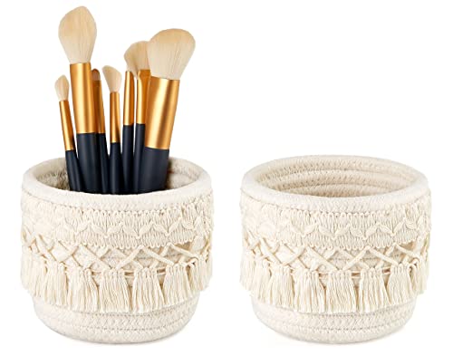 Mkono Macrame Makeup Brush Holder Organizer Comb Brushes Mini Storage Basket Set of 2 Boho Decor Baskets for Pen Pencil Box Container ,Ivory