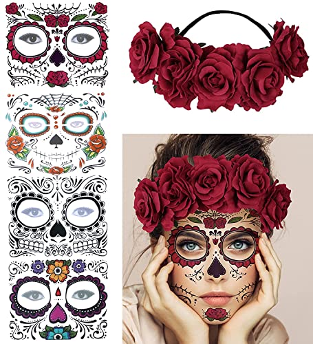 4 Kits Day of the Dead Sugar Skull Temporary Face Tattoo Makeup Tattoo for Men and Women with 1 Rose Red Flower Crown Headband for Halloween Costume