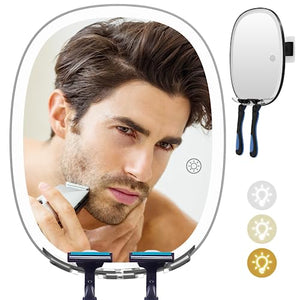 COSMIRROR Shower Mirror Fogless for Shaving with Razor Holders, No-Drilling, 3-Color Dimmable Lights – Larger Anti-Fog Mirror with Light Shatterproof & Waterproof for Men and Women