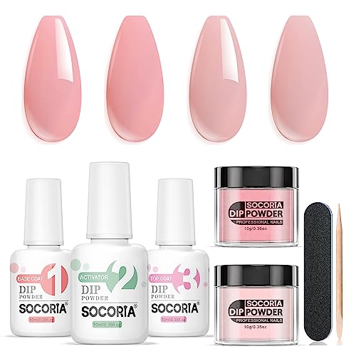 SOCORIA 7Pcs Dip Powder Nail Kit, Gentle Nude Pink Neutral Skin Colors and Dipping Powder System Essential Liquid Set with Base Top Coat Activator for French Nail Art Manicure DIY Salon All-in-One Beginner Exquisite Kit