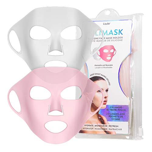Lindo Silimask - Reusable Anti-Wrinkle Silicone Face Mask Holder for Sheet Masks, Moisturizing Facial Mask Cover, Prevent Evaporation, Beauty Face Tool, Travel Pouch Included, 2 Pack