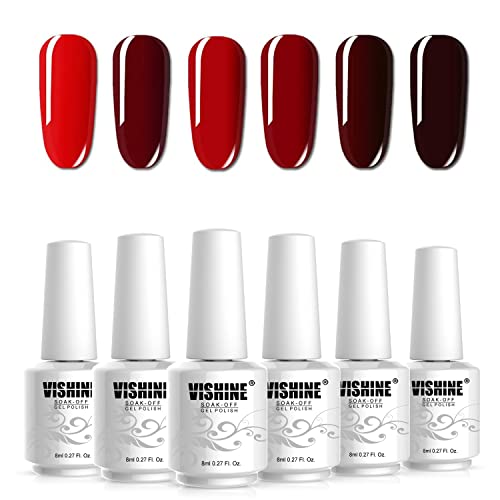 Vishine Red Colors Collection Gel Polish Set- Pack of 6 Colors Shine Finish and Long Lasting, Soak Off UV LED Gel 8ml/Pcs Gift Set