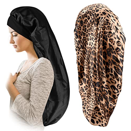 Satin Silky Braids Bonnet 2 Pack Breathable Soft and Elastic Black Leopard Long Hair Cap, Large For Women
