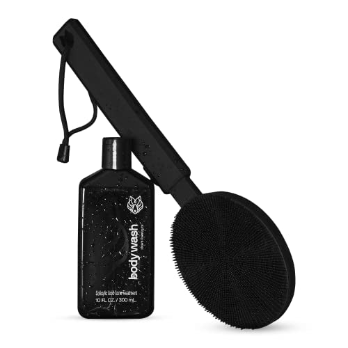 Black Wolf Body Wash & Sonic Scrubber Pro Kit for Men - Vibrating Face & Body Brush with Charcoal Powder Shower Gel, Water Resistant Massage Brush & Salicylic Acid Body Wash, Rich Lather & Deep Clean