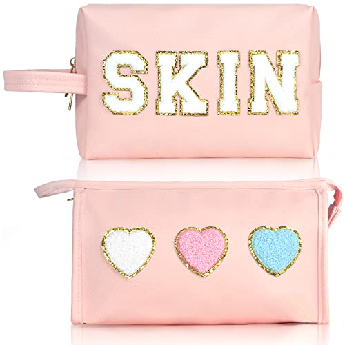 BYXEPA 2 Pack Makeup Bag Large Capacity Travel Cosmetic Bag PU Leather Make Up Bag Waterproof Makeup Pouches for Women (SKIN +Heart)