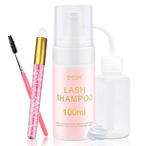 EMEDA Lash Shampoo for Lash Extensions 100ml/3.38 fl.oz Eyelash Extension Cleanser Oil Free Foam Soap Lash Bath for Cluster Lashes Wash Oil Dustcare,Lash Cleaning Kit with Rinse Bottle Brush
