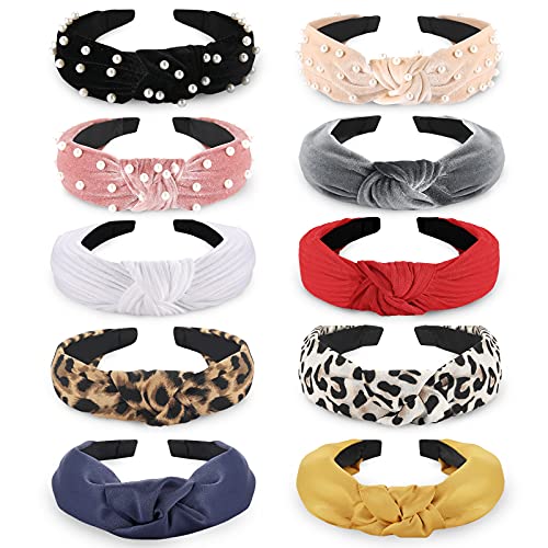 Funtopia Fashion Headbands for Women Girls, 10 Pcs Knotted Pearl Wide Top Knot Turban Hair Bands/ Hoops Vintage Velvet Leopard Print