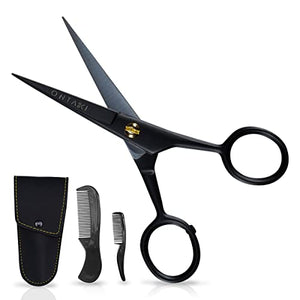 ONTAKI 5" Professional German Beard & Mustache Scissors With 2 Comb & Carrying Pouch for Men Hand Forged Bevel Edge For Precision - Perfect Facial Hair Grooming Kit All Body Hair (Black)
