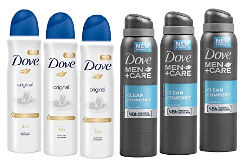 Dove Anti-Perspirant Deodorant Variety, 3 Bottles Dove Anti-Perspirant Deodorant Original & 3 Bottles Dove Men + Care Clean Comfort Spray Deodorant 48hr 150ML / 5.07 Oz - International Version, 30.42 Ounce (Pack of 6)
