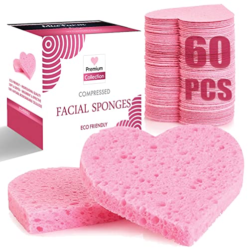 60-Count Compressed Facial Sponges, 100% Natural Cosmetic Spa Sponges for Facial Cleansing, Exfoliating Mask (Pink Heart)
