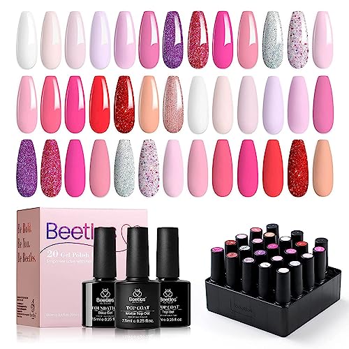 beetles Gel Polish Nail Set 20 Colors Alluring Sweetie Collection Nude Pink Purple Glitter Red Manicure Kit and 2 Pcs 15ml No Wipe Gel Top Coat and Base Coat Set