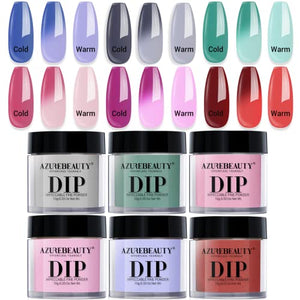 AZUREBEAUTY Color Changing Dip Powder Nail Set, Blue Green Pink Red Grey Trend Ombre Cold Warm Temperature Mood French Nail Art Manicure DIY Salon Gifts, No Need Nail Lamp Cured 6 PCS