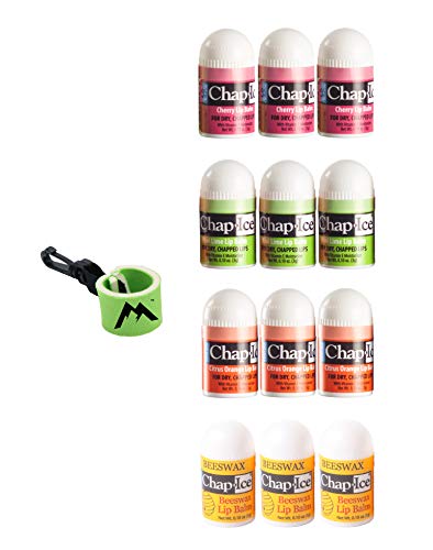 Chap-Ice® | 12-Count Assorted Mini Lip Balm Pack & 1 Lip Balm Keychain with Swivel Clip | Made in USA | 4 Flavors - Cherry, Citrus Orange, Kiwi Lime, & Beeswax (0.10oz/3g Each)